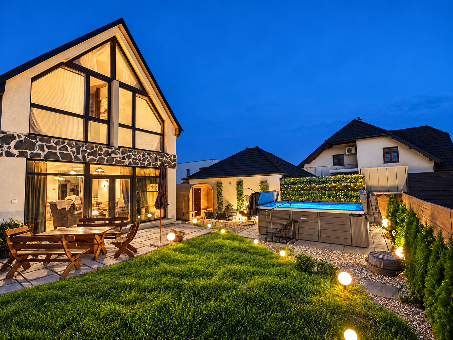 Chalet s vírivkou a saunou za súmraku